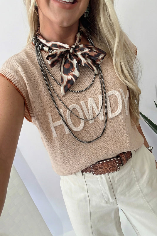 DLLS713 - Ladies Parchment Contrast Trim Short Sleeve Knit HOWDY Western Sweater