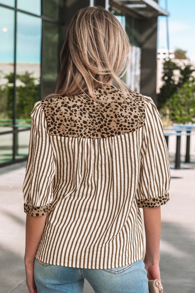 Load image into Gallery viewer, DLLS399 - Ladies Brown Stripe Leopard Trim V Neck Button Down Half Sleeve Shirt

