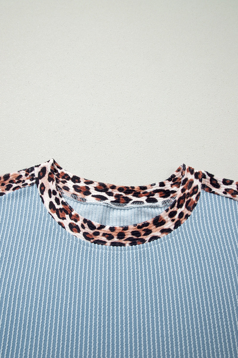 Load image into Gallery viewer, DLLS712 - Ladies Sky Blue Leopard Trim Twist Ribbed Short Set
