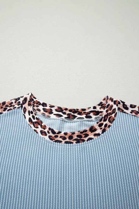 DLLS712 - Ladies Sky Blue Leopard Trim Twist Ribbed Short Set