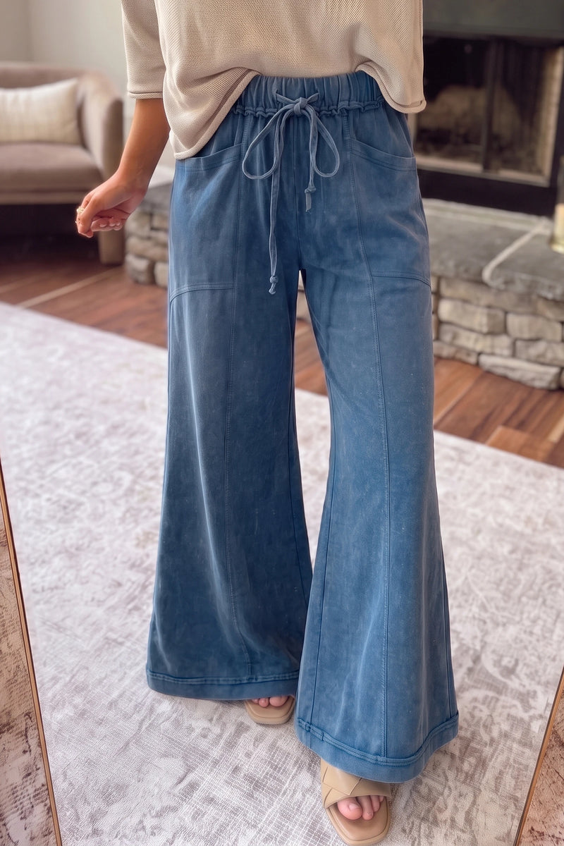 Load image into Gallery viewer, DLLS1141 - Ladies Ashleigh Blue Mineral Wash Seam Detail Flare Leg Drawstring Pants
