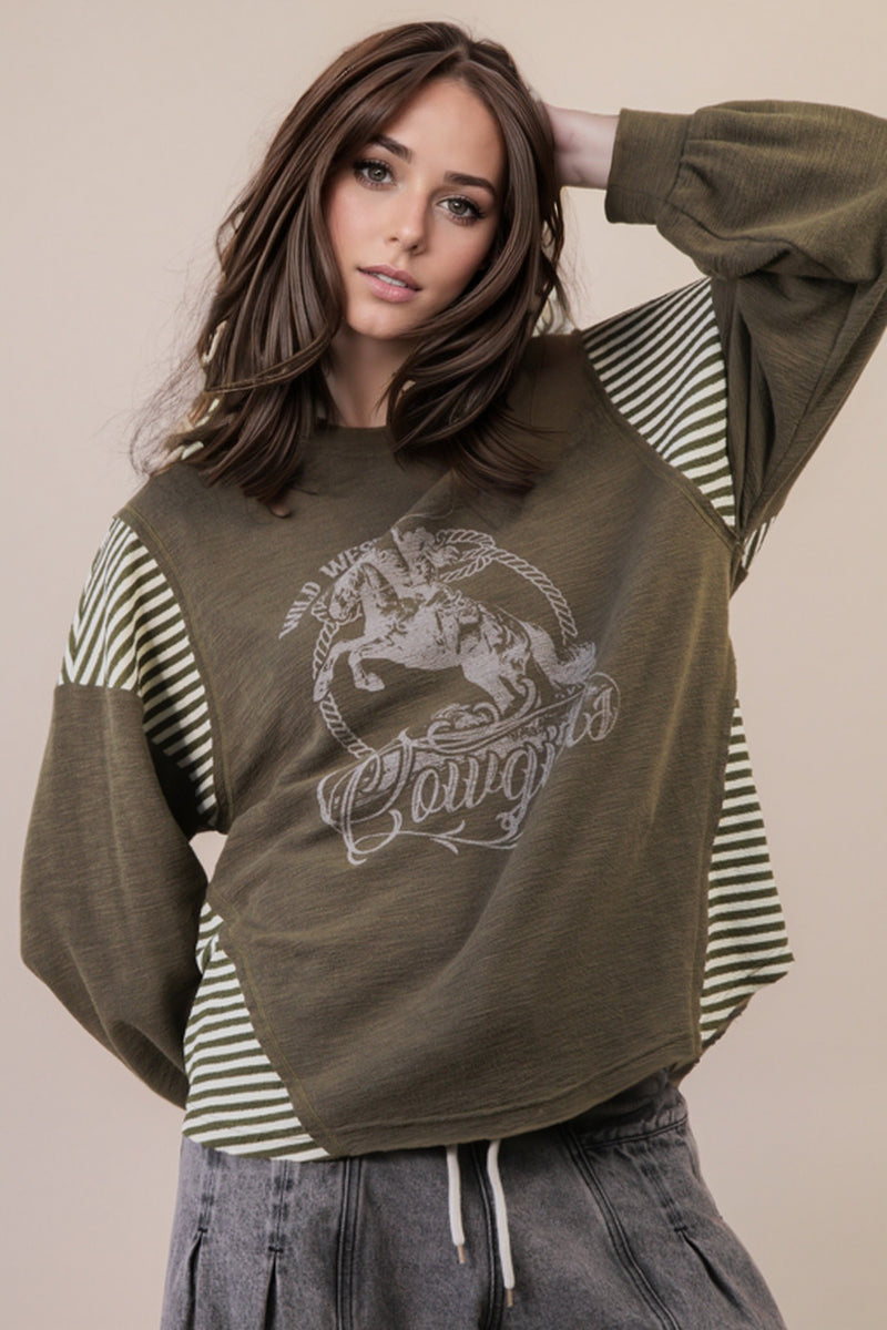 Load image into Gallery viewer, Very 11 - Ladies Oversized Mixed Media Western Graphic Knit Top
