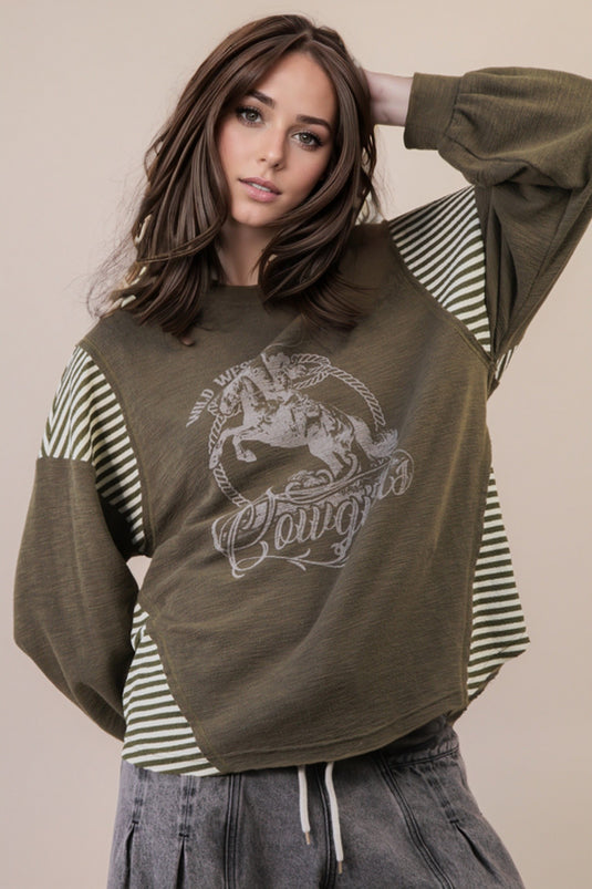 Very 11 - Ladies Oversized Mixed Media Western Graphic Knit Top