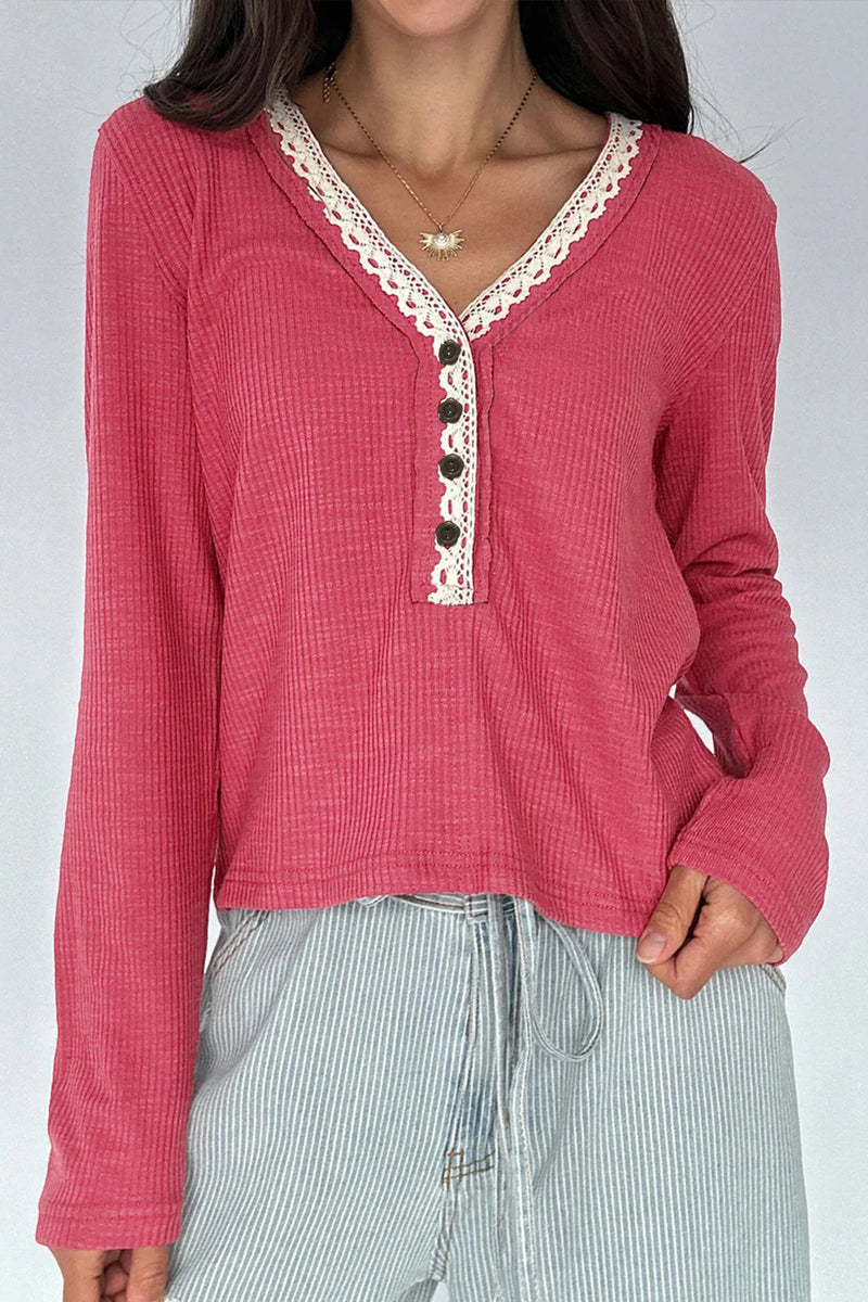 Load image into Gallery viewer, DLLS282 - Ladies Racing Red Ribbed Texture Contrasted Lace Trim Button V Neck Long Sleeve Top
