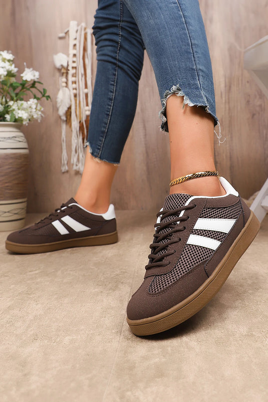 DLLSHOE 196 - Coffee Breathable Mesh PU Leather Patchwork Lace-up Shoes