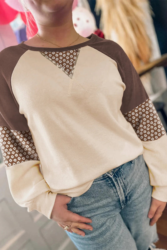 DLLS295 - Ladies Brown Floral Print Patchwork Color Block Long Sleeve Top