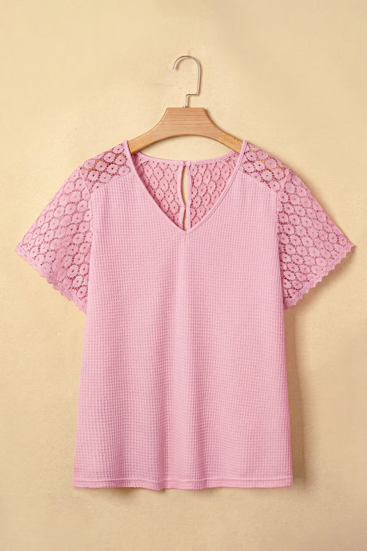 DLLS709 - Ladies Pink Lace Splicing Button Cutout V Neck Waffle Knit Blouse