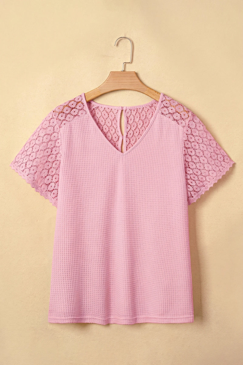 Load image into Gallery viewer, DLLS675 - Ladies Pink Lace Splicing Button Cutout V Neck Waffle Knit Blouse
