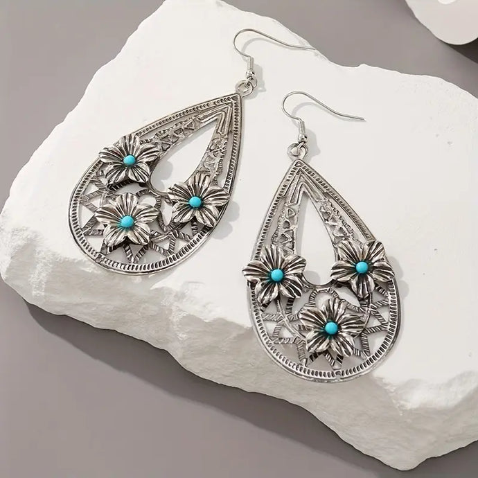 TMER69 - Turquoise & Flowers Open Design Earrings