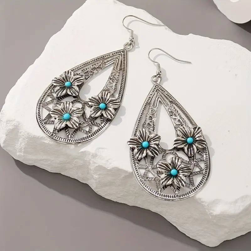 Load image into Gallery viewer, TMER69 - Turquoise &amp; Flowers Open Design Earrings
