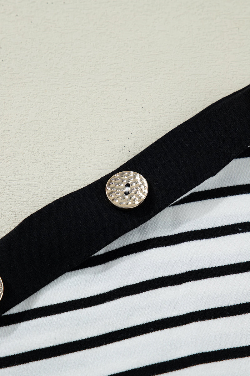 Load image into Gallery viewer, DLLS624 - Ladies Black Stripe Cuffed Sleeve Button Detail Loose Tee
