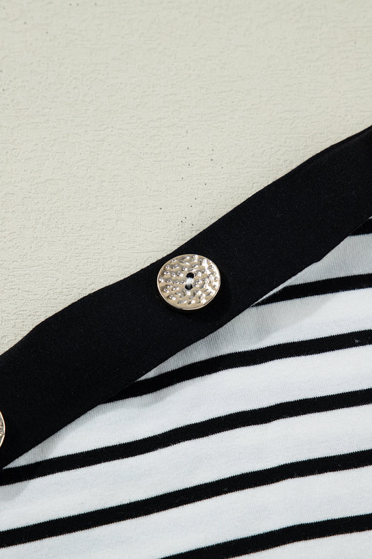 DLLS624 - Ladies Black Stripe Cuffed Sleeve Button Detail Loose Tee