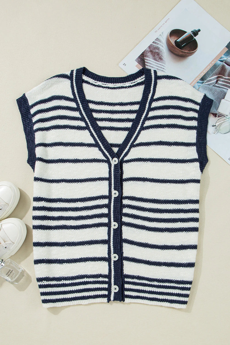 Load image into Gallery viewer, DLLS740 - Ladies Blue Stripe Loose Buttoned V Neck Sweater Vest
