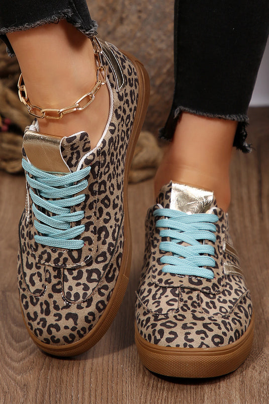 DLLSHOE 17 - Coffee Faux Suede Leopard Print Sleek PU Leather Detail Lace Up Sneakers