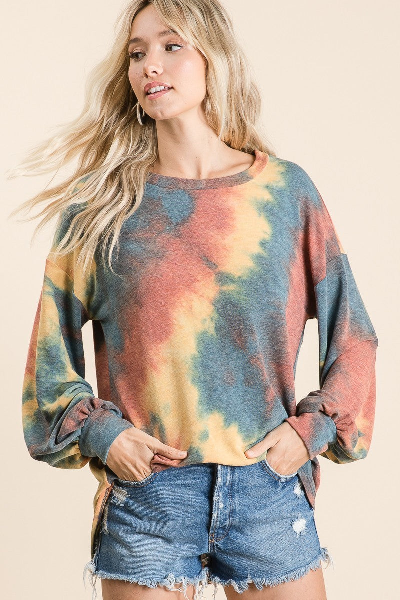 Load image into Gallery viewer, BIBI2- Ladies Tie Dye French Terry Knit Top With Balloon Sleeves
