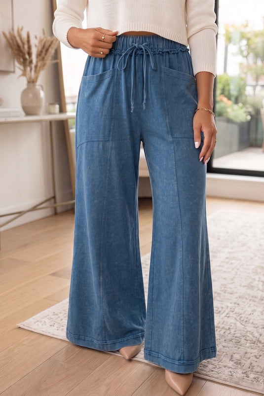 DLLS1141 - Ladies Ashleigh Blue Mineral Wash Seam Detail Flare Leg Drawstring Pants