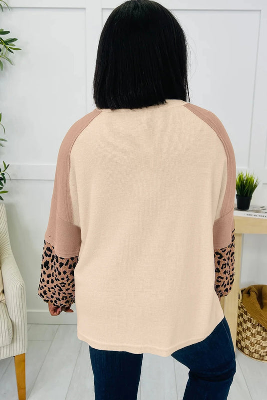 DLLS1013 - Ladies Light French Beige Leopard Star Color Block Textured Baggy Sweatshirt