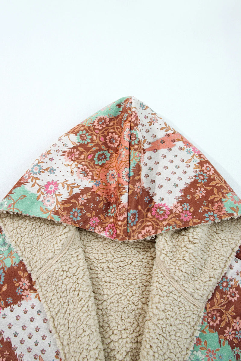 Load image into Gallery viewer, DLLS166 - Ladies Khaki Vintage Floral Printed Sherpa Lined Hooded Jacket
