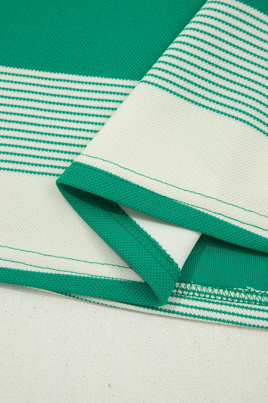 DLLS483 - Ladies Green Stripe Mixed Print Crew Neck Cap Sleeve T Shirt