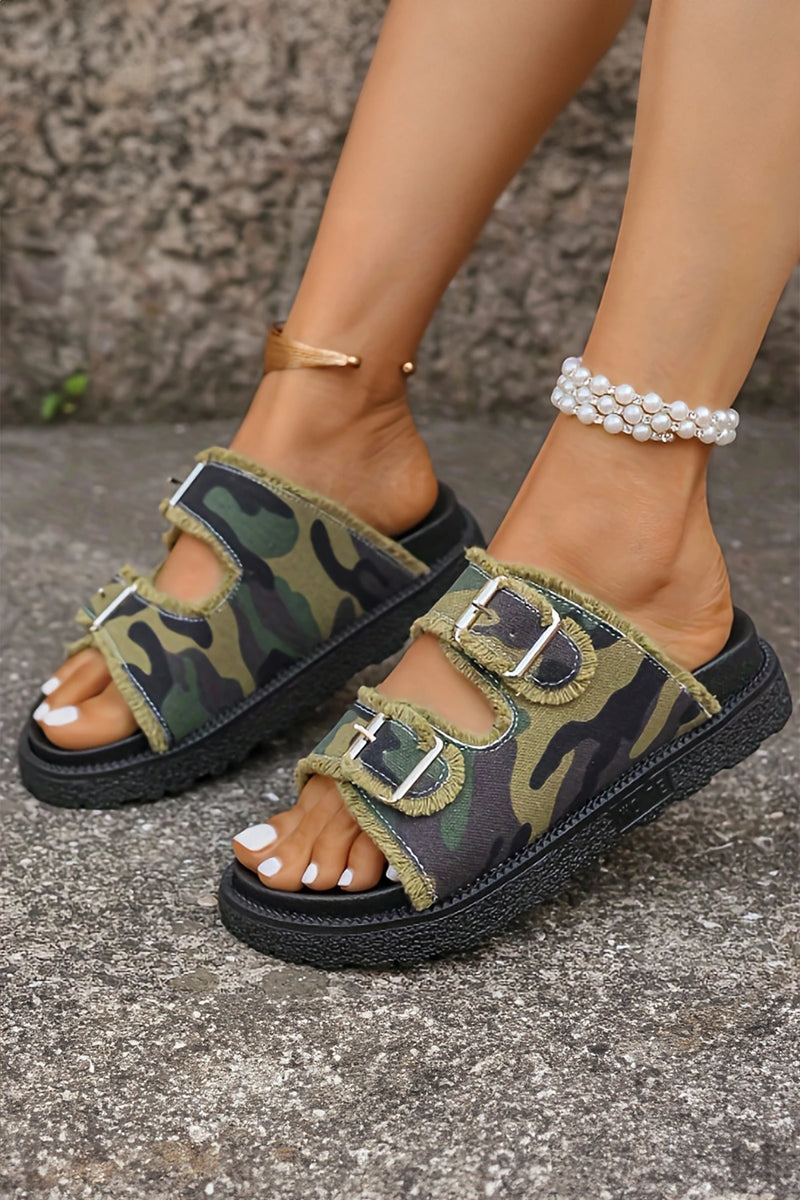Load image into Gallery viewer, DLLSHOE 204 - Guacamole Green Denim Camouflage Frayed Trim Hollow Out Retro Slippers
