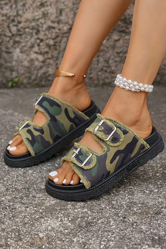 DLLSHOE 204 - Guacamole Green Denim Camouflage Frayed Trim Hollow Out Retro Slippers