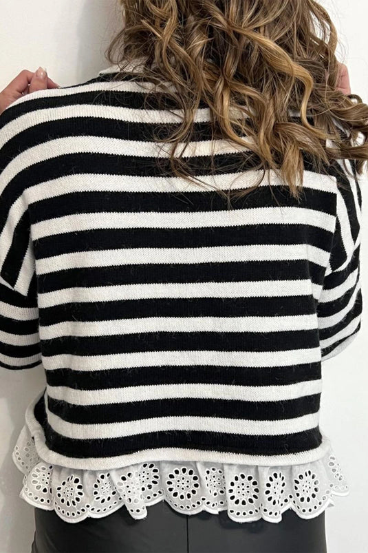 DLLS1077 - Ladies Black Striped High Neck Contrast Ruffle Detail Casual Sweater