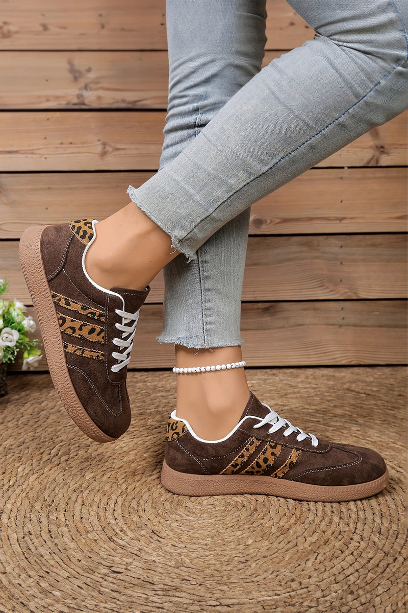Load image into Gallery viewer, DLLSHOE 14 - Coffee Contrast Lace-up Leopard Patchwork Detail Faux Suede Shoes
