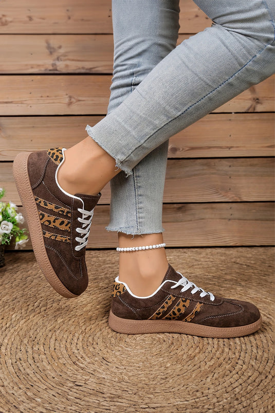 DLLSHOE 14 - Coffee Contrast Lace-up Leopard Patchwork Detail Faux Suede Shoes