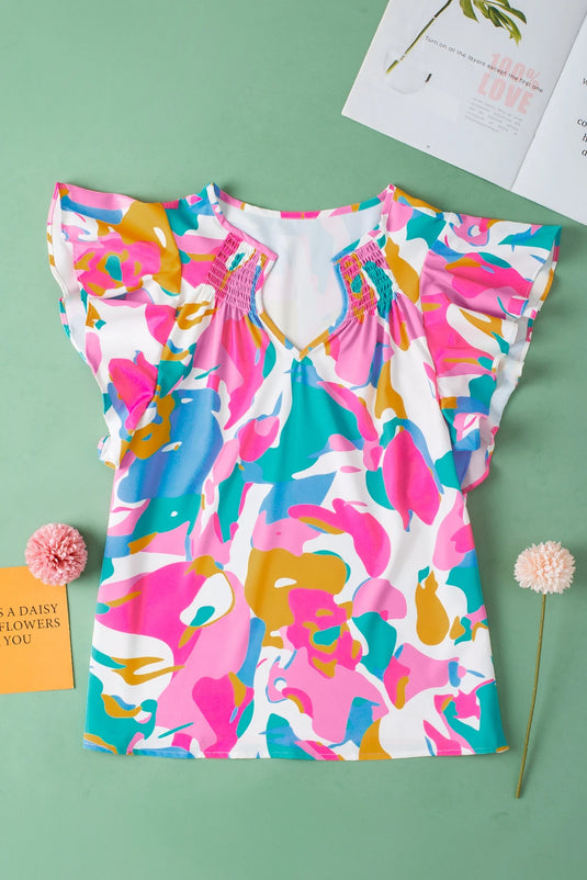 DLLS568 - Ladies Multicolor Abstract Print Notched Neck Flutter Sleeve Blouse