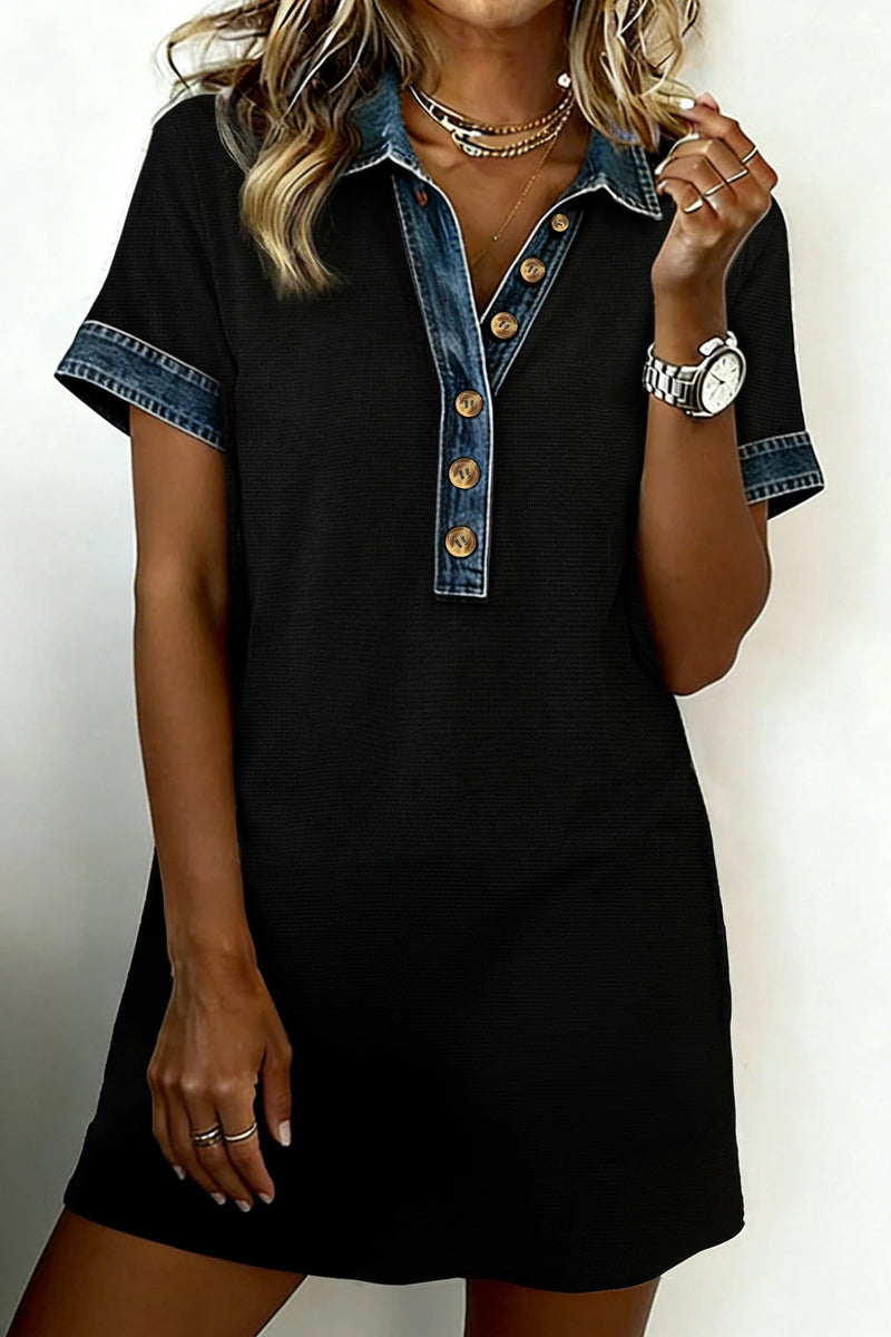 Load image into Gallery viewer, DLLS488 - Ladies Black Waffle Knit Denim Contrast Trim Patchwork Button Polo Tee Dress
