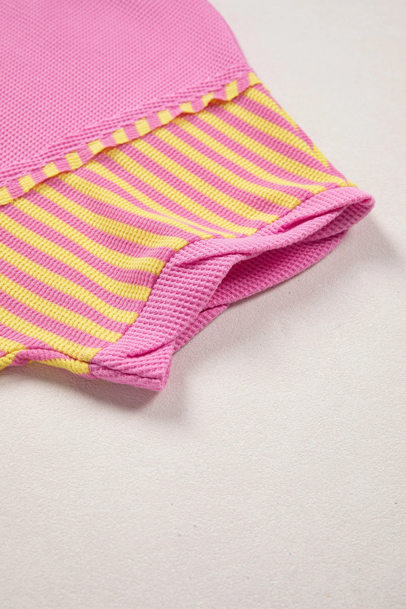 Load image into Gallery viewer, DLLS460 - Ladies Bright Pink Waffle Textured Contrast Striped Patchwork Loose T Shirt
