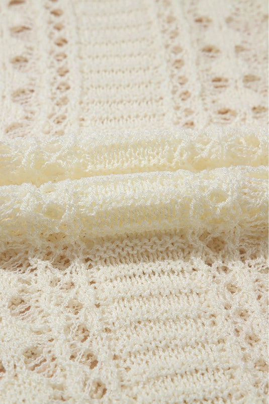 DLLS446 - Ladies White Hollow Out Knit Bracelet Sleeve Drop Shoulder Sweater