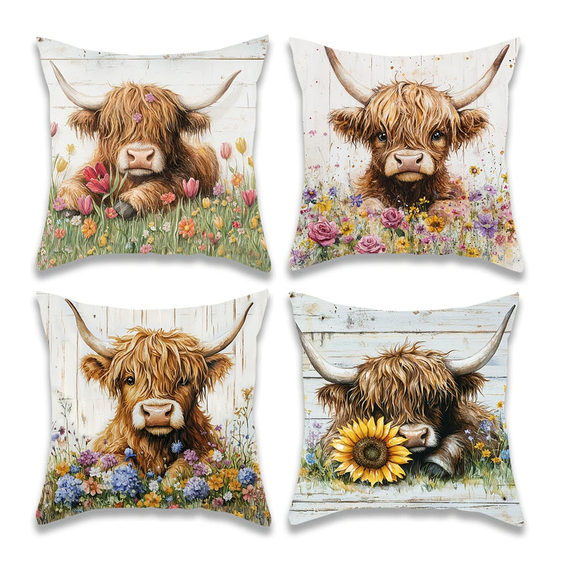 Load image into Gallery viewer, TMPL88 - Set of 4 - 18&quot; x 18&quot; Highland Cow Print Throw Pillows

