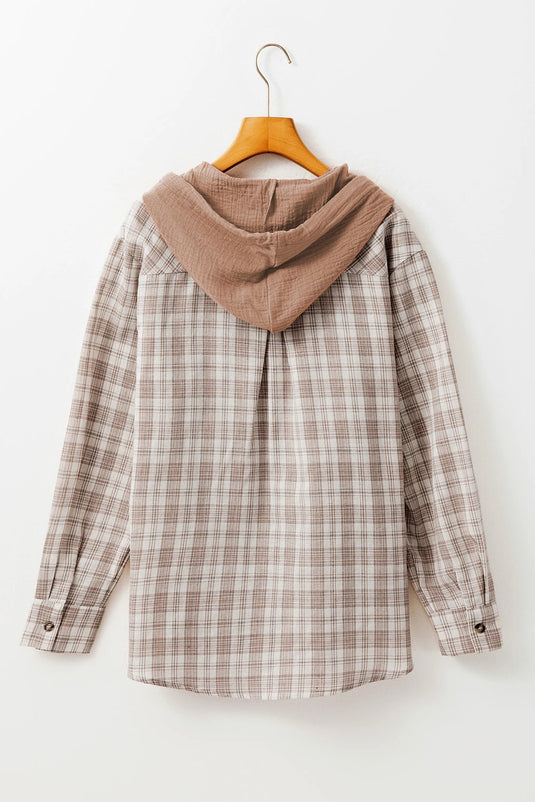 DLLS905 - Ladies Khaki Checkered Print Loose Fit Buttoned Hooded Shacket