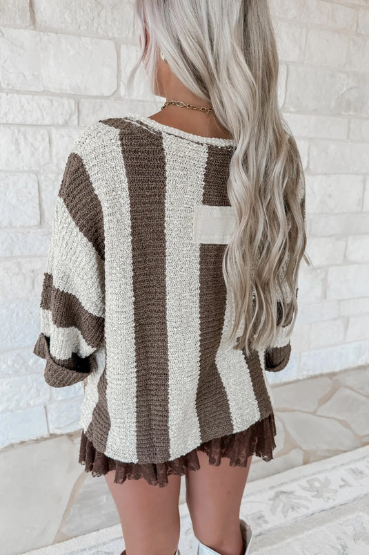 DLLS410 - Ladies Brown Stripe Colorblock V Neck Bracelet Sleeve Sweater