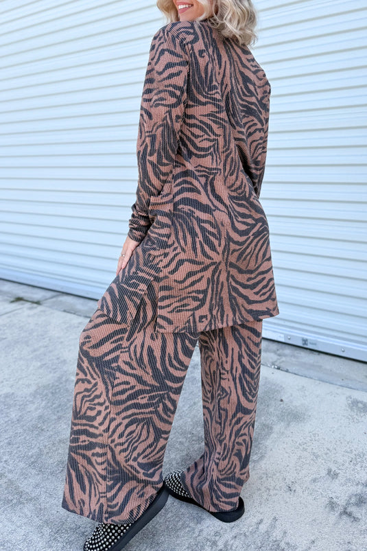 DLLS972 - Ladies Khaki Twisted Ribbed Zebra Print Open Cardigan Wide Leg Pant Set