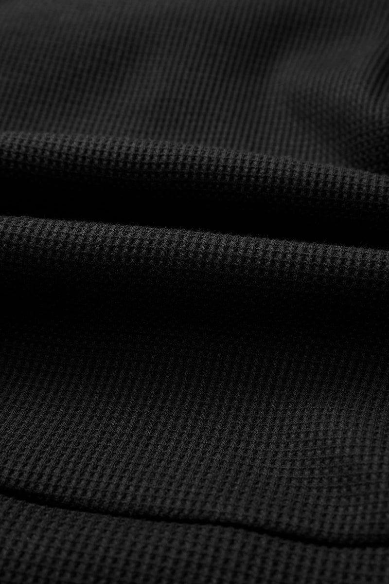 Load image into Gallery viewer, DLLS942 - Ladies Black Waffle Knit Denim Color Block Patchwork Button Flap Polo Top
