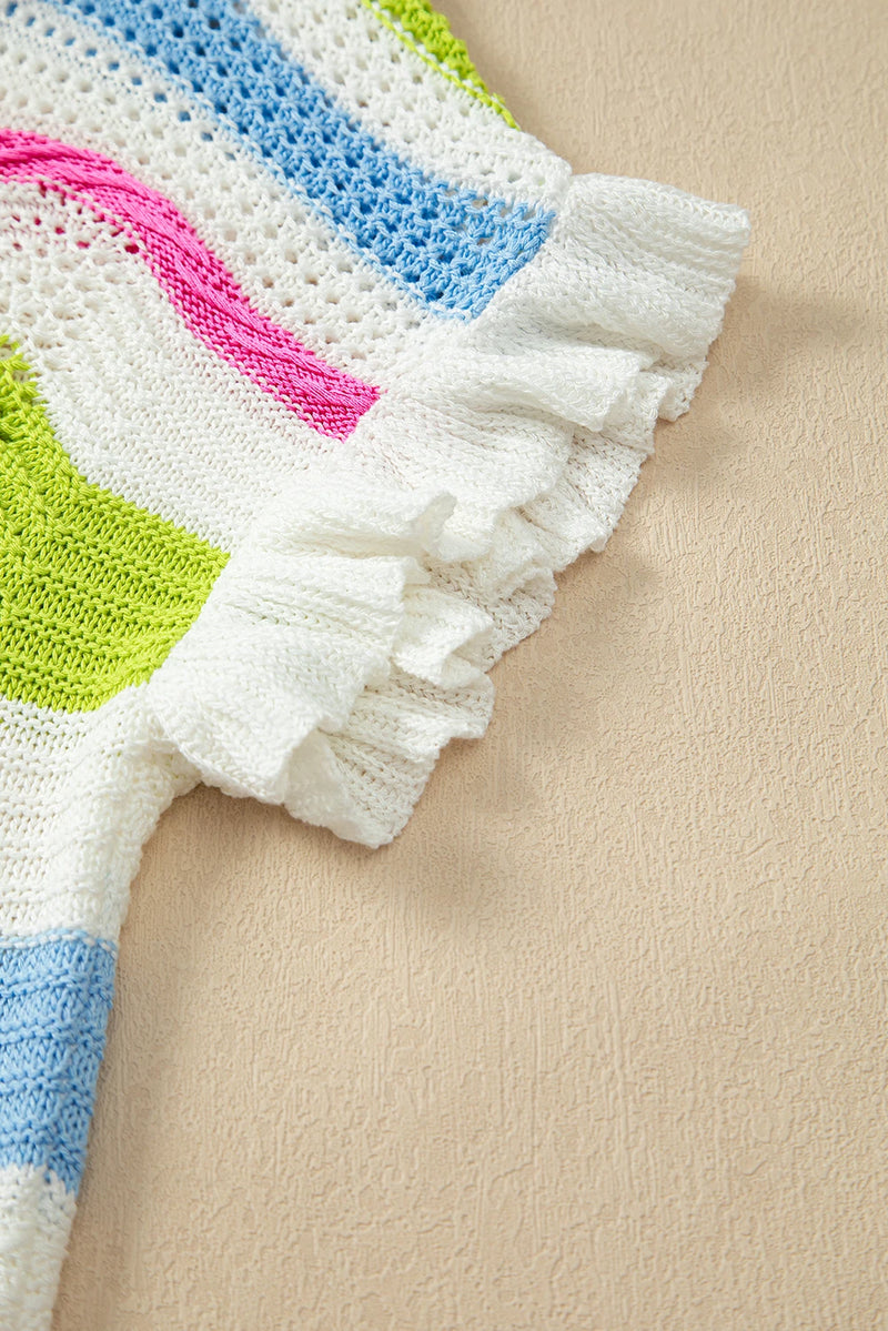 Load image into Gallery viewer, DLLS570 - Ladies White Color Block Crochet Knit Ruffled Short Sleeve Sweater Top
