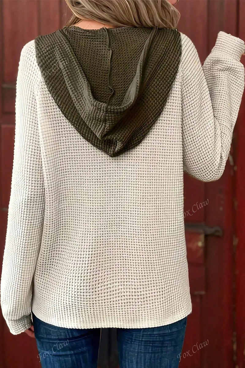 Load image into Gallery viewer, DLLS248 - Ladies White Waffle Contrast Half Buttoned Hooded Pullover Top
