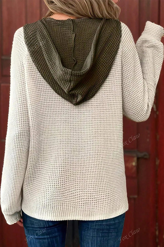 DLLS248 - Ladies White Waffle Contrast Half Buttoned Hooded Pullover Top