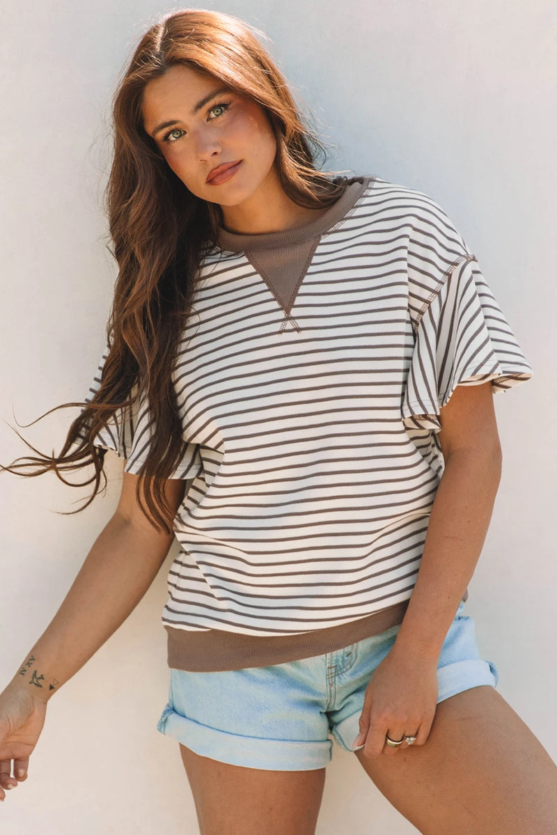 Load image into Gallery viewer, DLLS496 - Ladies Parchment Contrast Detail Striped Ruffle Short Sleeve Top
