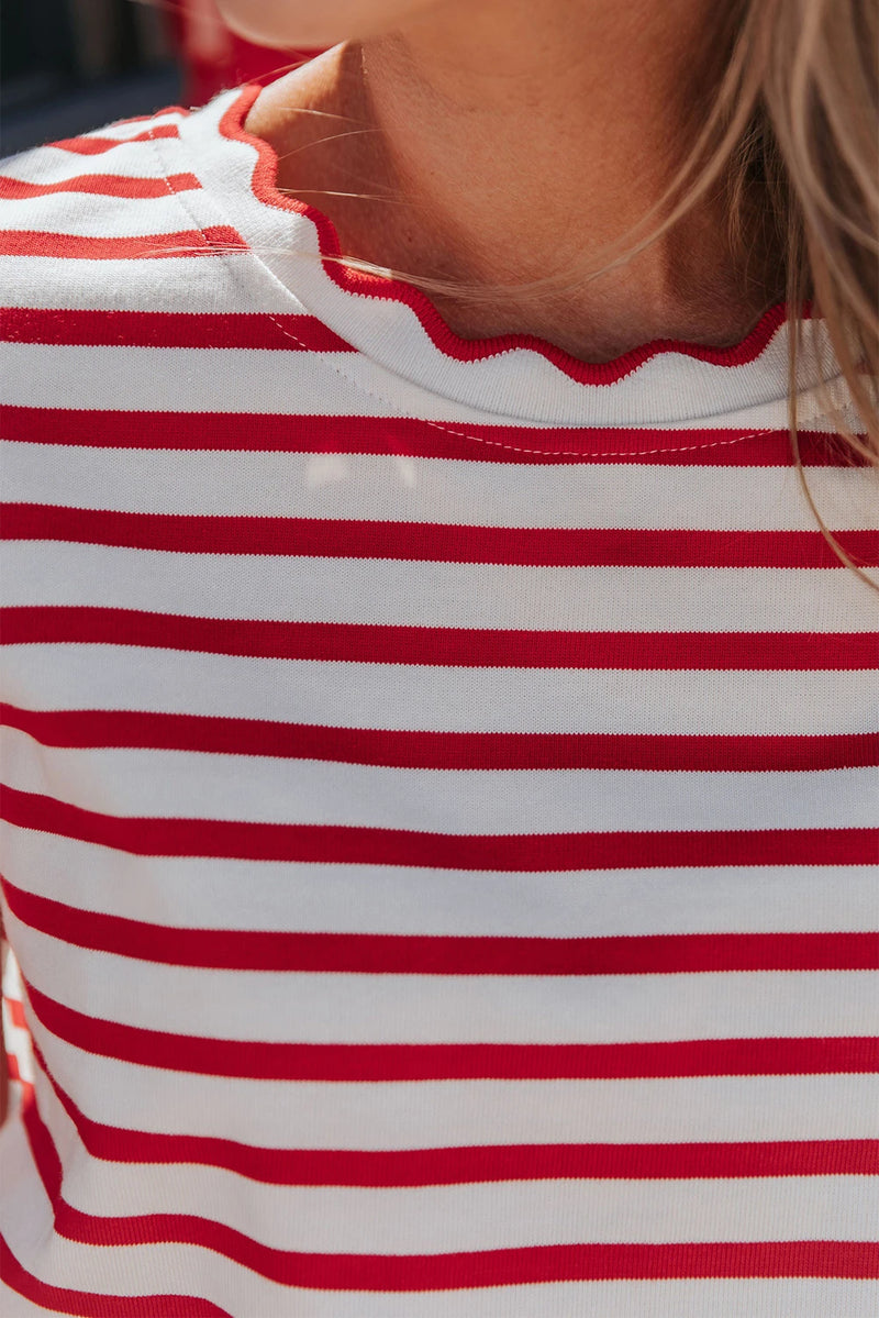 Load image into Gallery viewer, DLLS349 - Ladies Red Stripe Scalloped Trim Round Neck T Shirt
