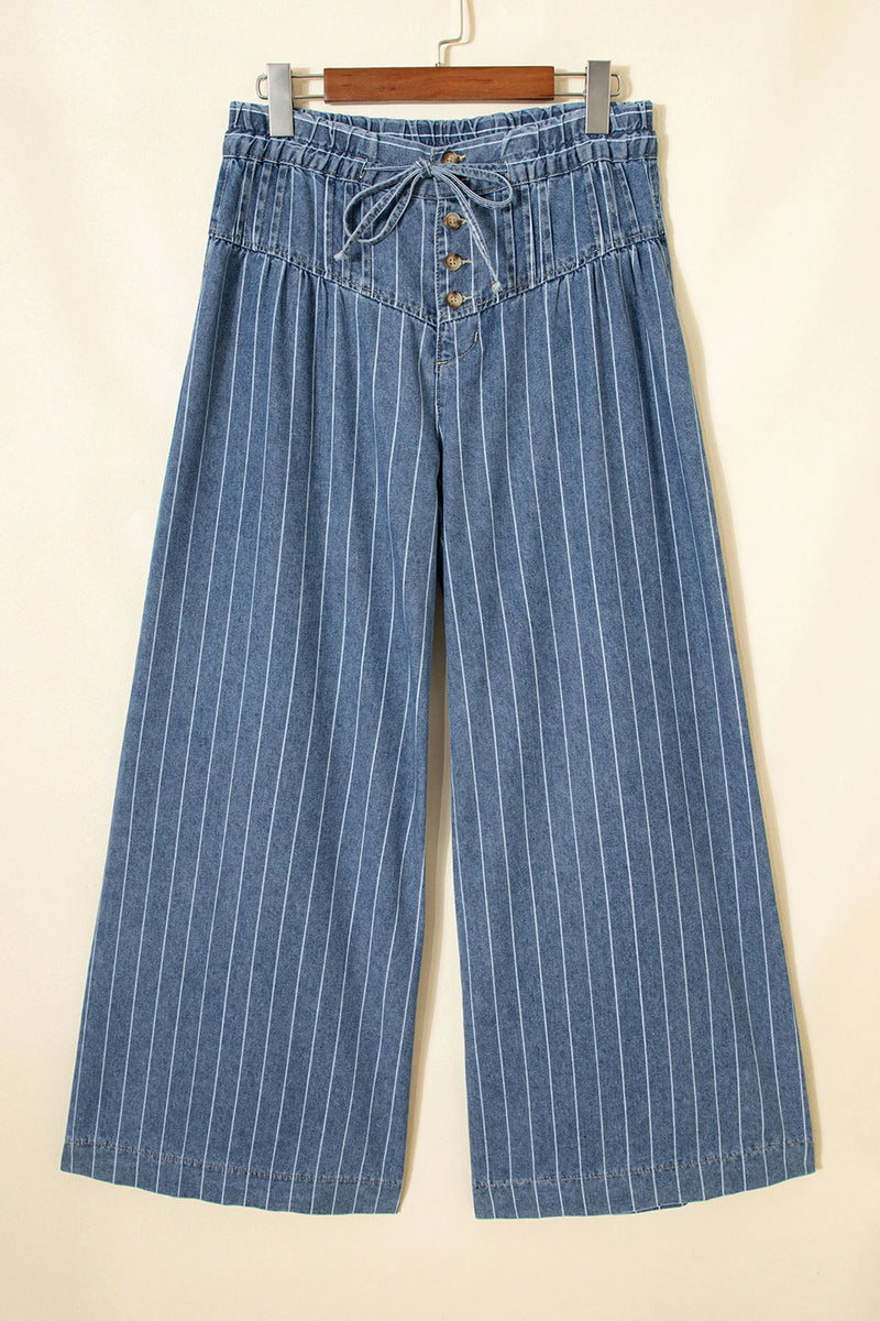 Load image into Gallery viewer, DLLS1002 - Ladies Sky Blue Stripe Button Pleated Drawstring Waist Casual Wide Leg Jeans
