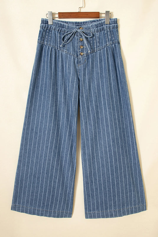 DLLS1002 - Ladies Sky Blue Stripe Button Pleated Drawstring Waist Casual Wide Leg Jeans