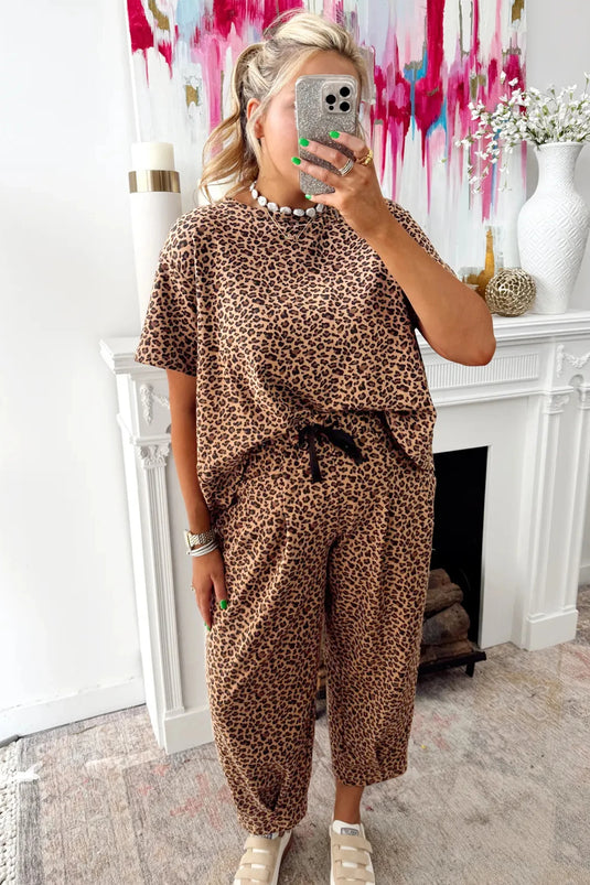 DLLS453 - Ladies Brown Leopard Loose Tee Drawstring Waist Barrel Pants Set