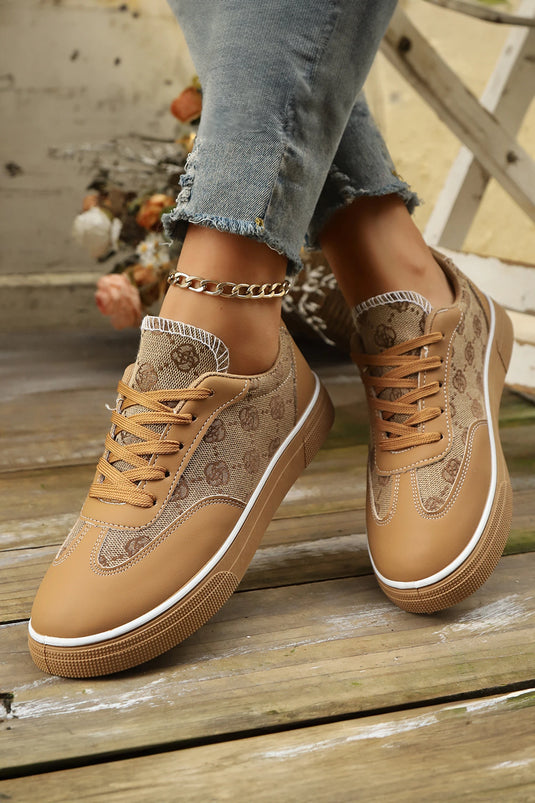 DLLSHOE 56  - Camel Retro Jacquard PU Leather Patchwork Casual Sneakers