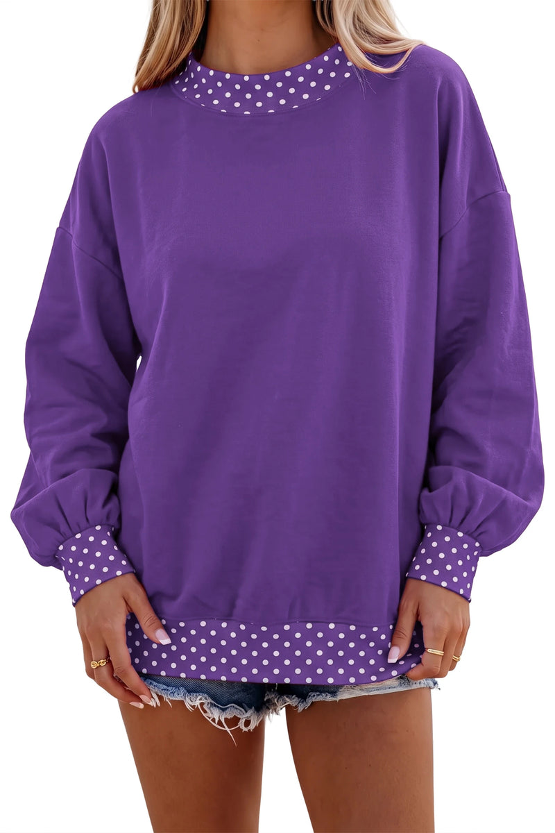 Load image into Gallery viewer, DLLS1094 - Ladies Tillandsia Purple Polka Dot Contrast Trim Oversized Sweatshirt
