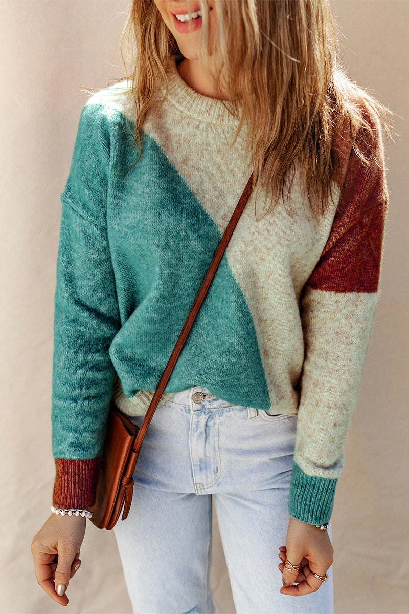 Load image into Gallery viewer, DLLS317 - Ladies Multicolor Colorblock Ribbed Trim Round Neck Sweater
