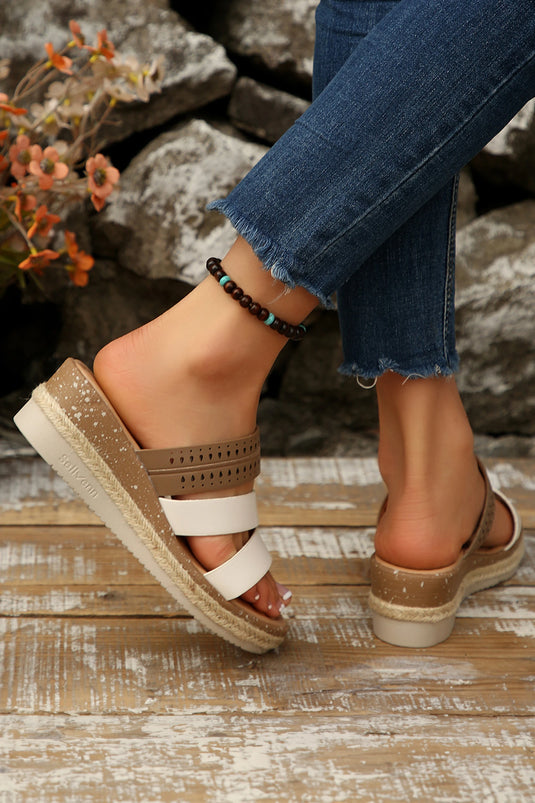 DLLSHOE 4 - Coffee Hollowed Detail Color Block Straps Platform Wedge Slippers