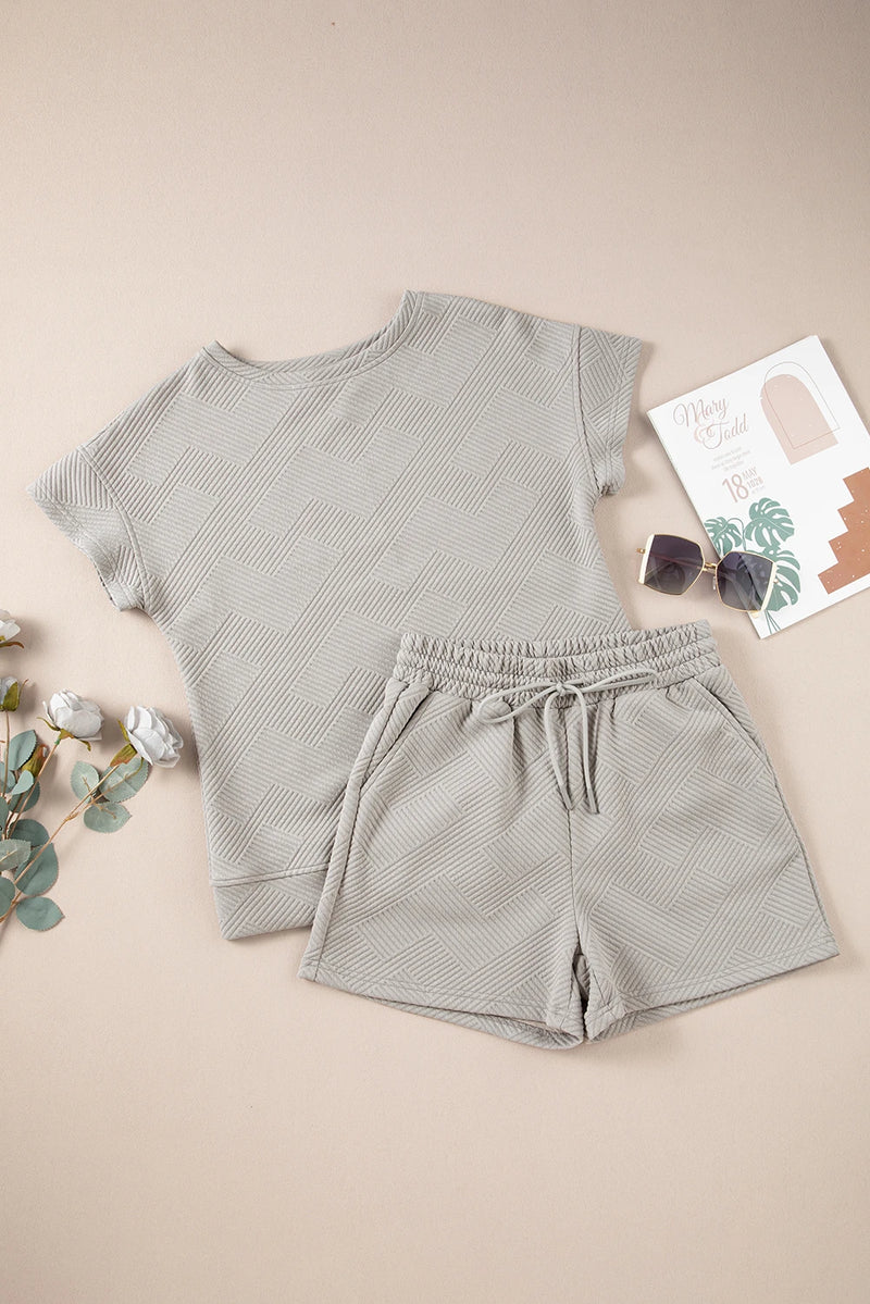 Load image into Gallery viewer, DLLS635 - Ladies Gray Solid Color Textured Loose Top Casual Two Piece Short Set
